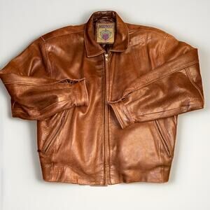 Vintage Midway Genuine Leather Bomber Flight Jacket Men's XL ? Brown Zip Soft